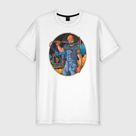 Мужская футболка хлопок Slim с принтом Майнер в Петрозаводске, 92% хлопок, 8% лайкра | приталенный силуэт, круглый вырез ворота, длина до линии бедра, короткий рукав | биткоин | иллюстрация | инвестор | крипта | майнер | рабочий
