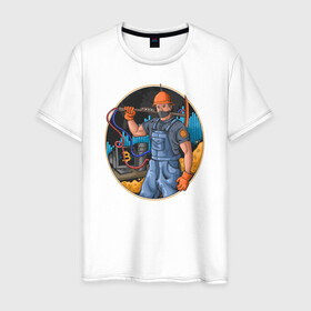 Мужская футболка хлопок с принтом Майнер в Петрозаводске, 100% хлопок | прямой крой, круглый вырез горловины, длина до линии бедер, слегка спущенное плечо. | биткоин | иллюстрация | инвестор | крипта | майнер | рабочий