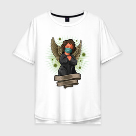 Мужская футболка хлопок Oversize с принтом Мой ангелок в Петрозаводске, 100% хлопок | свободный крой, круглый ворот, “спинка” длиннее передней части | ангел | иллюстрация | маска | спаси сохрани | спаситель