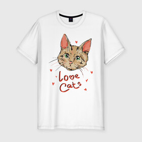 Мужская футболка хлопок Slim с принтом Люблю котиков в Петрозаводске, 92% хлопок, 8% лайкра | приталенный силуэт, круглый вырез ворота, длина до линии бедра, короткий рукав | cat | cats | face | heart | hertz | love | кот | котб | котик | коты | кошак | кошка | люблю | любовь | сердца | сердце