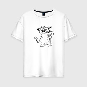 Женская футболка хлопок Oversize с принтом Котенок с вилкой и сосиской в Петрозаводске, 100% хлопок | свободный крой, круглый ворот, спущенный рукав, длина до линии бедер
 | графика | киска | кот | котенок | котик | кошка | смешной кот | улыбающийся кот | черно белое