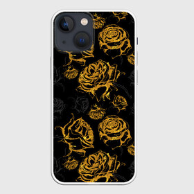 Чехол для iPhone 13 mini с принтом Розы. Золото с черным в Петрозаводске,  |  | вечерний | графика | графический | золотистый | золото | золотой | крупные | праздничный | розочки | розы | темный | цветочки | цветочный | цветы | черный