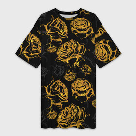 Платье-футболка 3D с принтом Розы. Золото с черным в Петрозаводске,  |  | Тематика изображения на принте: вечерний | графика | графический | золотистый | золото | золотой | крупные | праздничный | розочки | розы | темный | цветочки | цветочный | цветы | черный