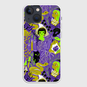 Чехол для iPhone 13 mini с принтом Шабаш в Петрозаводске,  |  | halloween | kostolom3000 | ведьма | ведьмы | грибы | змея | кот | магия | природа | фиолетовый | хэллоуин | черный кот | шабаш