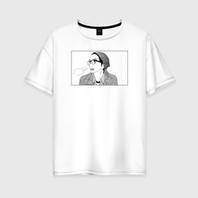 Женская футболка хлопок Oversize с принтом студент   в Петрозаводске, 100% хлопок | свободный крой, круглый ворот, спущенный рукав, длина до линии бедер
 | аниме | в рамке | зима | спокойствие | студент | черно белое | шапка