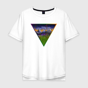 Мужская футболка хлопок Oversize с принтом невероятный пейзаж в Петрозаводске, 100% хлопок | свободный крой, круглый ворот, “спинка” длиннее передней части | болото | горы | пейзаж | природа | радуга | рисунок | сумерки | треугольник | ярко