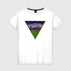 Женская футболка хлопок с принтом невероятный пейзаж в Петрозаводске, 100% хлопок | прямой крой, круглый вырез горловины, длина до линии бедер, слегка спущенное плечо | болото | горы | пейзаж | природа | радуга | рисунок | сумерки | треугольник | ярко