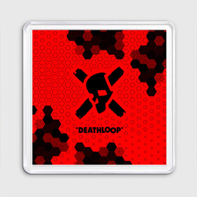 Магнит 55*55 с принтом Deathloop - Череп - Соты в Петрозаводске, Пластик | Размер: 65*65 мм; Размер печати: 55*55 мм | death | deathloop | game | games | loop | дэслуп | дэт | дэтлуп | знак | игра | игры | лого | луп | мертвая | пелтя | символ | соты | череп