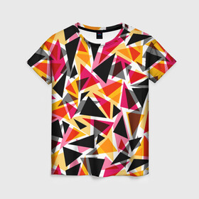 Женская футболка 3D с принтом Разноцветные треугольники в Петрозаводске, 100% полиэфир ( синтетическое хлопкоподобное полотно) | прямой крой, круглый вырез горловины, длина до линии бедер | абстрактный | геометрические фигуры | геометрический узор | желтый | красный | полигональный | разноцветный | треугольники | черный