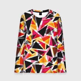 Мужской лонгслив 3D с принтом Разноцветные треугольники в Петрозаводске, 100% полиэстер | длинные рукава, круглый вырез горловины, полуприлегающий силуэт | Тематика изображения на принте: абстрактный | геометрические фигуры | геометрический узор | желтый | красный | полигональный | разноцветный | треугольники | черный