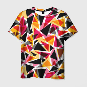 Мужская футболка 3D с принтом Разноцветные треугольники в Петрозаводске, 100% полиэфир | прямой крой, круглый вырез горловины, длина до линии бедер | абстрактный | геометрические фигуры | геометрический узор | желтый | красный | полигональный | разноцветный | треугольники | черный
