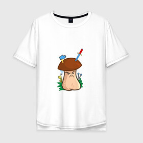 Мужская футболка хлопок Oversize с принтом Недовольный в Петрозаводске, 100% хлопок | свободный крой, круглый ворот, “спинка” длиннее передней части | evil | mushroom | гриб | злой | мультяшка | недовольный | сердитый | смайл