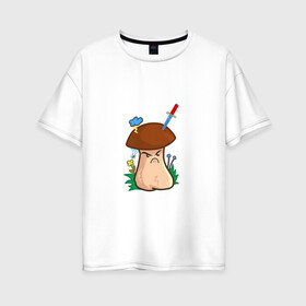 Женская футболка хлопок Oversize с принтом Недовольный в Петрозаводске, 100% хлопок | свободный крой, круглый ворот, спущенный рукав, длина до линии бедер
 | evil | mushroom | гриб | злой | мультяшка | недовольный | сердитый | смайл