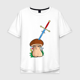 Мужская футболка хлопок Oversize с принтом Романтик в Петрозаводске, 100% хлопок | свободный крой, круглый ворот, “спинка” длиннее передней части | mushroom | гриб | меч | мультяшка | поцелуй | романтик | рыцарь | сердечко | смайл