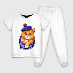 Детская пижама хлопок с принтом Рыжик в Петрозаводске, 100% хлопок |  брюки и футболка прямого кроя, без карманов, на брюках мягкая резинка на поясе и по низу штанин
 | Тематика изображения на принте: берет | глаза | животные | звери | зеленый | котик. рыжий котик | котики | оранжевый | синий