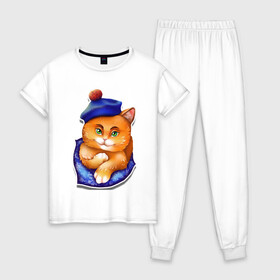 Женская пижама хлопок с принтом Рыжик в Петрозаводске, 100% хлопок | брюки и футболка прямого кроя, без карманов, на брюках мягкая резинка на поясе и по низу штанин | берет | глаза | животные | звери | зеленый | котик. рыжий котик | котики | оранжевый | синий