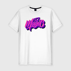 Мужская футболка хлопок Slim с принтом Feel Magic  в Петрозаводске, 92% хлопок, 8% лайкра | приталенный силуэт, круглый вырез ворота, длина до линии бедра, короткий рукав | каллиграфия | леттеринг | логотип | неон | объём | почувствуй магию | розовый | тени | фиолетовый
