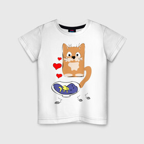 Детская футболка хлопок с принтом Рыжий кот в Петрозаводске, 100% хлопок | круглый вырез горловины, полуприлегающий силуэт, длина до линии бедер | животные | кот | мышка | рыбка | сердца