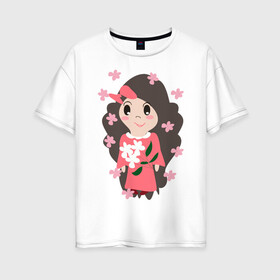 Женская футболка хлопок Oversize с принтом Цветение сакуры в Петрозаводске, 100% хлопок | свободный крой, круглый ворот, спущенный рукав, длина до линии бедер
 | бант | девочка | кавайи | люди | цветы