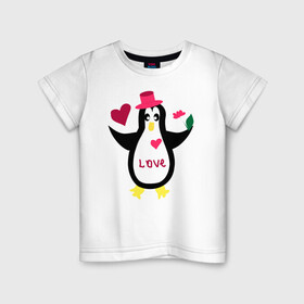 Детская футболка хлопок с принтом Влюбленный пингвин в Петрозаводске, 100% хлопок | круглый вырез горловины, полуприлегающий силуэт, длина до линии бедер | животные | кавайи | любовь | надпись на английском | сердца | цветы