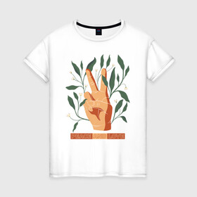 Женская футболка хлопок с принтом Мир и любовь в Петрозаводске, 100% хлопок | прямой крой, круглый вырез горловины, длина до линии бедер, слегка спущенное плечо | love | peace | любовь | мир | мир и любовь | растения | текст | цветы | цитата
