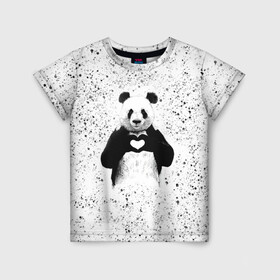 Детская футболка 3D с принтом Панда Любовь Сердце Брызги в Петрозаводске, 100% гипоаллергенный полиэфир | прямой крой, круглый вырез горловины, длина до линии бедер, чуть спущенное плечо, ткань немного тянется | Тематика изображения на принте: animals | beast | panda | брызги | глаза | животные | звери | краски | любовь | милые | панда | пятна | растения | сердце | серый | точки | цветы | чб | эвкалипт