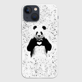 Чехол для iPhone 13 mini с принтом Панда Любовь Сердце Брызги в Петрозаводске,  |  | animals | beast | panda | брызги | глаза | животные | звери | краски | любовь | милые | панда | пятна | растения | сердце | серый | точки | цветы | чб | эвкалипт
