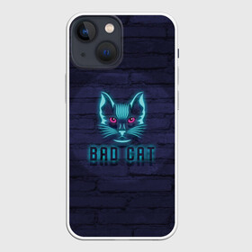 Чехол для iPhone 13 mini с принтом Bad cat в Петрозаводске,  |  | neon | neon cat | кирпич | неон | неоновый кот | стена | тренд