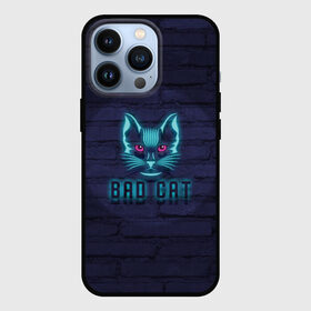 Чехол для iPhone 13 Pro с принтом Bad cat в Петрозаводске,  |  | Тематика изображения на принте: neon | neon cat | кирпич | неон | неоновый кот | стена | тренд