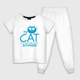 Детская пижама хлопок с принтом Мой кот красивее твоего парня в Петрозаводске, 100% хлопок |  брюки и футболка прямого кроя, без карманов, на брюках мягкая резинка на поясе и по низу штанин
 | Тематика изображения на принте: animal | cat | cute | kitty | meow | друг | животные | киска | кися | китти | кот | котенок | котик | котэ | кошечка | кошка | мур | мяу | питомец