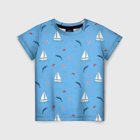 Детская футболка 3D с принтом Море, дельфины, парусник в Петрозаводске, 100% гипоаллергенный полиэфир | прямой крой, круглый вырез горловины, длина до линии бедер, чуть спущенное плечо, ткань немного тянется | boat | dolphins | lifebuoy | marine | ocean | sea | southern | starfish | summer | vacation | waves | волны | корабль | лето | лодка | морская звезда | морской | обитатели | океан | отдых | пейзаж | плавание | пляж | синий | спасательный круг | 
