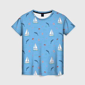 Женская футболка 3D с принтом Море, дельфины, парусник в Петрозаводске, 100% полиэфир ( синтетическое хлопкоподобное полотно) | прямой крой, круглый вырез горловины, длина до линии бедер | boat | dolphins | lifebuoy | marine | ocean | sea | southern | starfish | summer | vacation | waves | волны | корабль | лето | лодка | морская звезда | морской | обитатели | океан | отдых | пейзаж | плавание | пляж | синий | спасательный круг | 