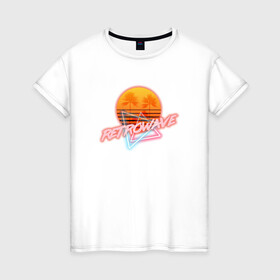 Женская футболка хлопок с принтом Retrowave style в Петрозаводске, 100% хлопок | прямой крой, круглый вырез горловины, длина до линии бедер, слегка спущенное плечо | neon | palms | retrowave | sun | sunset | закат | неон | пальмы | ретровейв | солнце