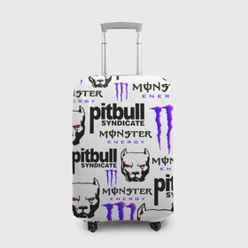 Чехол для чемодана 3D с принтом PITBULL SYNDICATE X MONSTER в Петрозаводске, 86% полиэфир, 14% спандекс | двустороннее нанесение принта, прорези для ручек и колес | games | monster energy | pitbull syndicate | игры | питбудь синдикат | питбуль | разработчик игр | собака | энергетик. | эрик давидыч