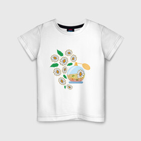 Детская футболка хлопок с принтом Духи с ромашкой в Петрозаводске, 100% хлопок | круглый вырез горловины, полуприлегающий силуэт, длина до линии бедер | aroma | chamomile | flower | perfume | аромат | духи | парфюм | ромашка | цветок