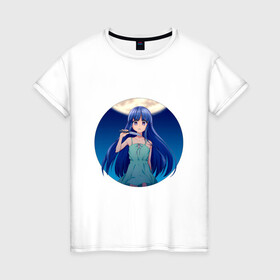 Женская футболка хлопок с принтом Rika Furude в Петрозаводске, 100% хлопок | прямой крой, круглый вырез горловины, длина до линии бедер, слегка спущенное плечо | аниме | девушка | луна | нож | платье | синие волосы