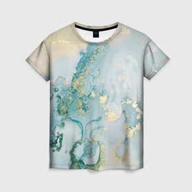 Женская футболка 3D с принтом Абстрактный мрамор в Петрозаводске, 100% полиэфир ( синтетическое хлопкоподобное полотно) | прямой крой, круглый вырез горловины, длина до линии бедер | абстракция | волна | золото | море | мрамор