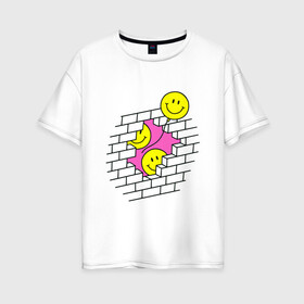 Женская футболка хлопок Oversize с принтом ШАРИКИ В СТЕНЕ / РЕТРО в Петрозаводске, 100% хлопок | свободный крой, круглый ворот, спущенный рукав, длина до линии бедер
 | smile. | иллюзия | кирпич | классический | ретро | смайл | смайлик | стена | шарики