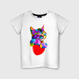 Детская футболка хлопок с принтом РАДУЖНЫЙ КОТИК / RAINBOW KITTY в Петрозаводске, 100% хлопок | круглый вырез горловины, полуприлегающий силуэт, длина до линии бедер | heart | kitty | like | low poly | rainbow | животные | звери | котик | лайк | радуга | радужный котик | сердечко | цветные