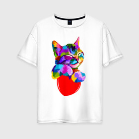 Женская футболка хлопок Oversize с принтом РАДУЖНЫЙ КОТИК / RAINBOW KITTY в Петрозаводске, 100% хлопок | свободный крой, круглый ворот, спущенный рукав, длина до линии бедер
 | Тематика изображения на принте: heart | kitty | like | low poly | rainbow | животные | звери | котик | лайк | радуга | радужный котик | сердечко | цветные