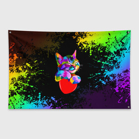 Флаг-баннер с принтом РАДУЖНЫЙ КОТИК / RAINBOW KITTY в Петрозаводске, 100% полиэстер | размер 67 х 109 см, плотность ткани — 95 г/м2; по краям флага есть четыре люверса для крепления | heart | kitty | like | low poly | rainbow | животные | звери | котик | лайк | радуга | радужный котик | сердечко | цветные