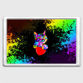 Магнит 45*70 с принтом РАДУЖНЫЙ КОТИК / RAINBOW KITTY в Петрозаводске, Пластик | Размер: 78*52 мм; Размер печати: 70*45 | heart | kitty | like | low poly | rainbow | животные | звери | котик | лайк | радуга | радужный котик | сердечко | цветные