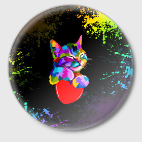 Значок с принтом РАДУЖНЫЙ КОТИК / RAINBOW KITTY в Петрозаводске,  металл | круглая форма, металлическая застежка в виде булавки | Тематика изображения на принте: heart | kitty | like | low poly | rainbow | животные | звери | котик | лайк | радуга | радужный котик | сердечко | цветные