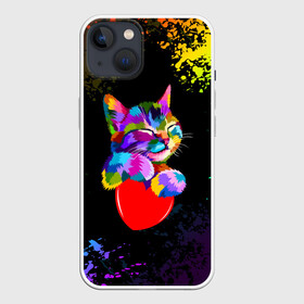 Чехол для iPhone 13 с принтом РАДУЖНЫЙ КОТИК   RAINBOW KITTY в Петрозаводске,  |  | heart | kitty | like | low poly | rainbow | животные | звери | котик | лайк | радуга | радужный котик | сердечко | цветные