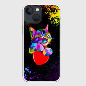 Чехол для iPhone 13 mini с принтом РАДУЖНЫЙ КОТИК   RAINBOW KITTY в Петрозаводске,  |  | heart | kitty | like | low poly | rainbow | животные | звери | котик | лайк | радуга | радужный котик | сердечко | цветные