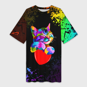 Платье-футболка 3D с принтом РАДУЖНЫЙ КОТИК   RAINBOW KITTY в Петрозаводске,  |  | heart | kitty | like | low poly | rainbow | животные | звери | котик | лайк | радуга | радужный котик | сердечко | цветные