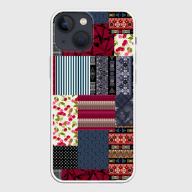Чехол для iPhone 13 mini с принтом Деревенский стиль. Пэчворк. в Петрозаводске,  |  | бордовый и черный | звезды | комбинированный | полосатый | полосатый узор | пэчворк | черный