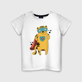 Детская футболка хлопок с принтом Кот Герой в Петрозаводске, 100% хлопок | круглый вырез горловины, полуприлегающий силуэт, длина до линии бедер | кот | кот в плаще | котэ | маска | супер герой | супер кот