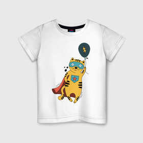 Детская футболка хлопок с принтом Супер кот в Петрозаводске, 100% хлопок | круглый вырез горловины, полуприлегающий силуэт, длина до линии бедер | super cat | воздушный шарик | кот в плаще | кот герой | супер кот