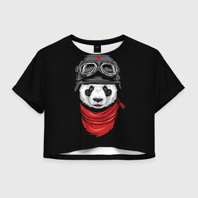 Женская футболка Crop-top 3D с принтом Панда Танкист  в Петрозаводске, 100% полиэстер | круглая горловина, длина футболки до линии талии, рукава с отворотами | animal | funny | panda | военный | животные | звери | милые | очки | панда | прикол | хипстер